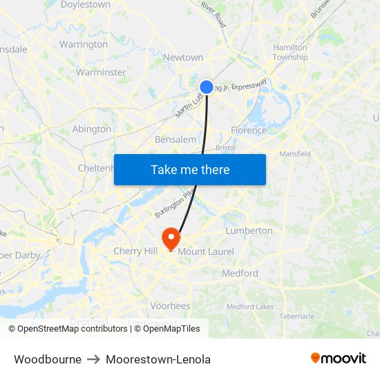 Woodbourne to Moorestown-Lenola map