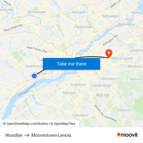 Woodlyn to Moorestown-Lenola map