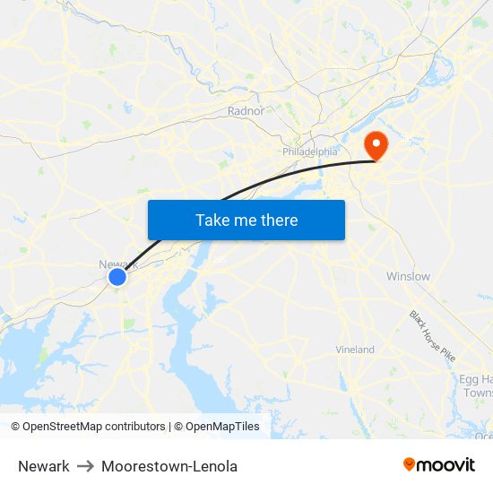 Newark to Moorestown-Lenola map