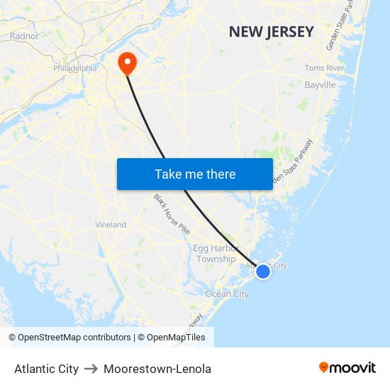 Atlantic City to Moorestown-Lenola map