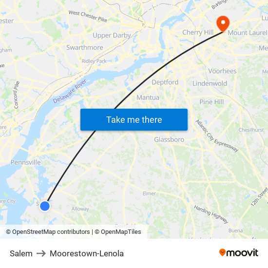 Salem to Moorestown-Lenola map