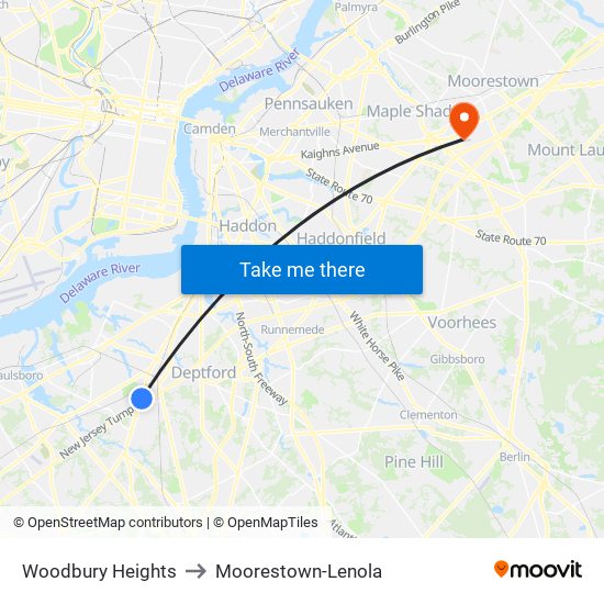 Woodbury Heights to Moorestown-Lenola map