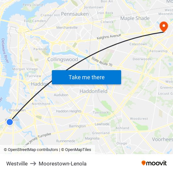 Westville to Moorestown-Lenola map