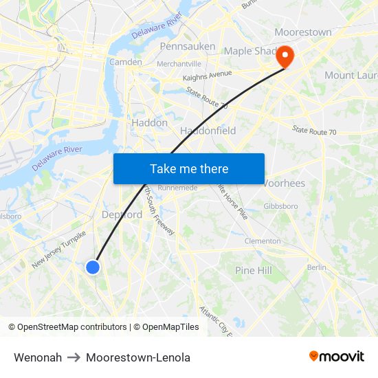 Wenonah to Moorestown-Lenola map