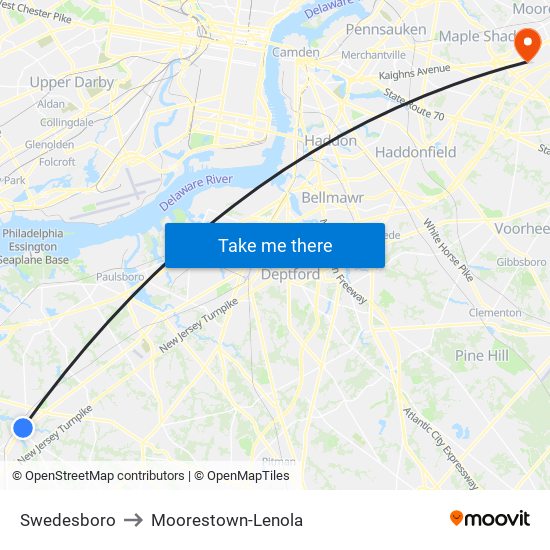 Swedesboro to Moorestown-Lenola map