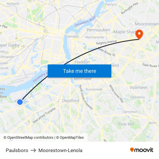 Paulsboro to Moorestown-Lenola map