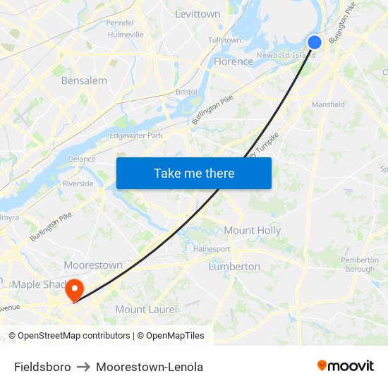 Fieldsboro to Moorestown-Lenola map
