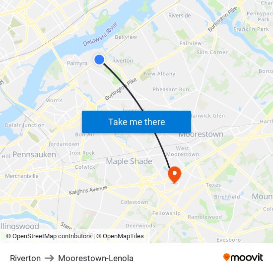 Riverton to Moorestown-Lenola map