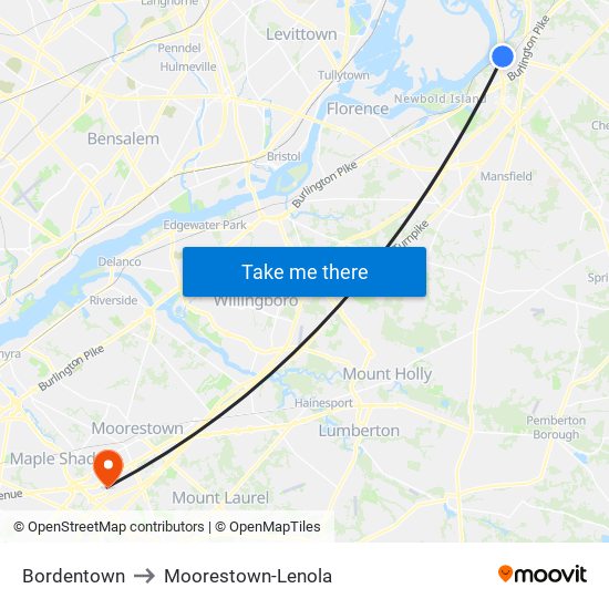 Bordentown to Moorestown-Lenola map