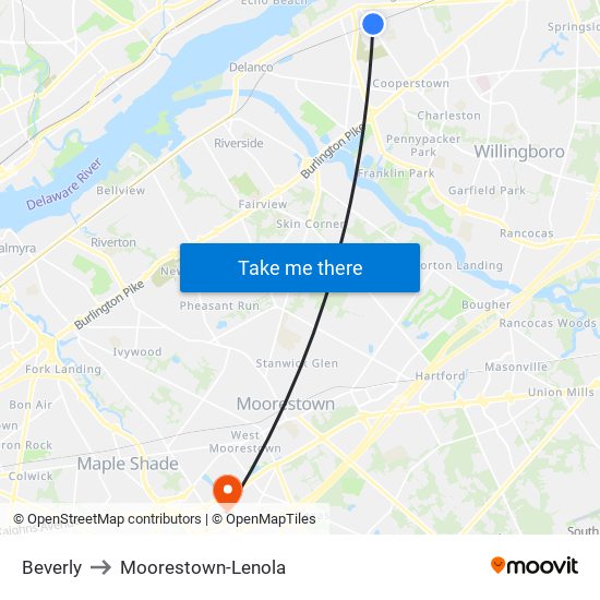 Beverly to Moorestown-Lenola map