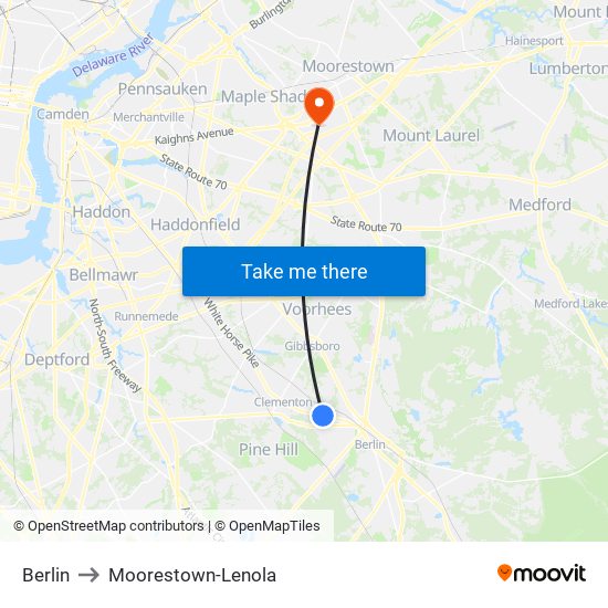 Berlin to Moorestown-Lenola map