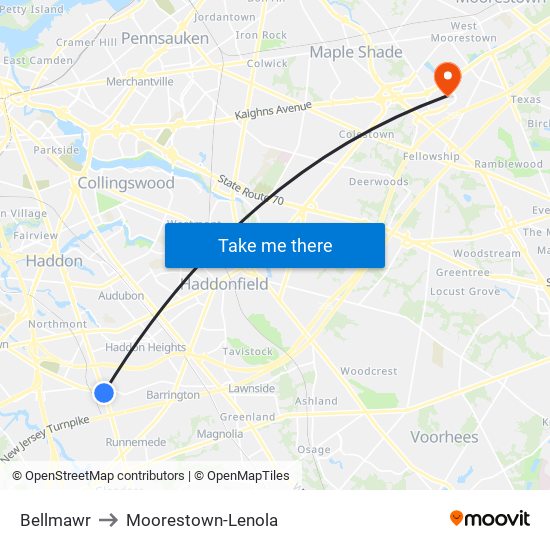 Bellmawr to Moorestown-Lenola map