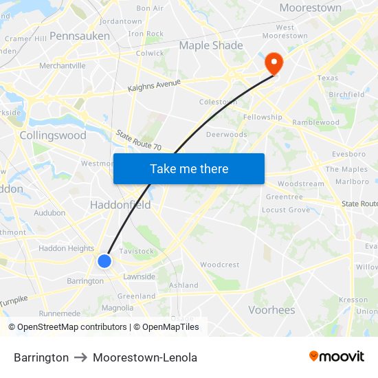 Barrington to Moorestown-Lenola map