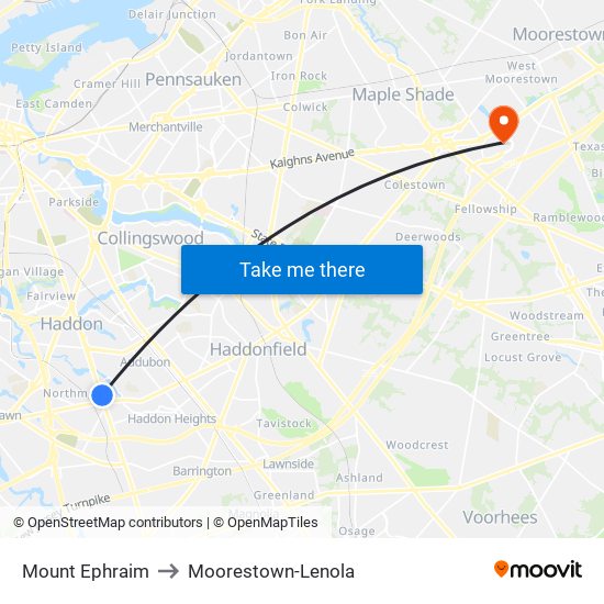 Mount Ephraim to Moorestown-Lenola map