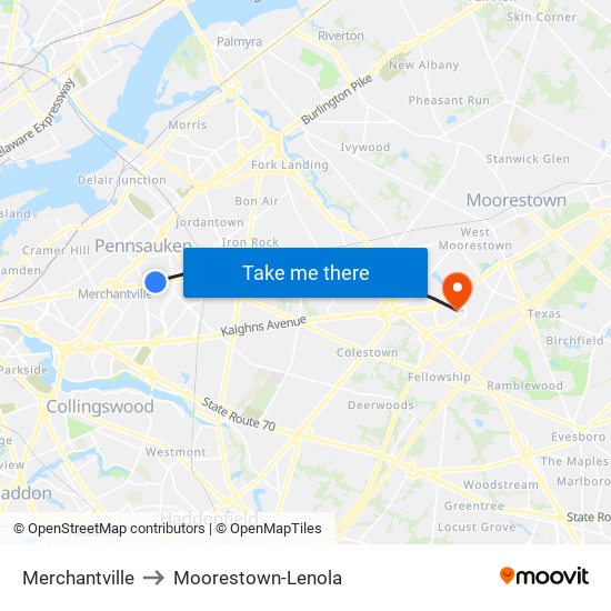 Merchantville to Moorestown-Lenola map