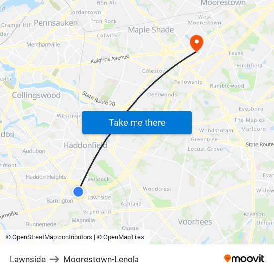 Lawnside to Moorestown-Lenola map
