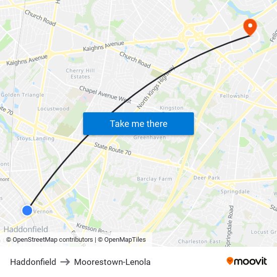 Haddonfield to Moorestown-Lenola map