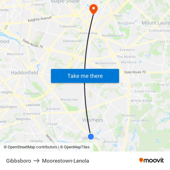 Gibbsboro to Moorestown-Lenola map