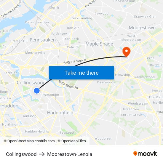 Collingswood to Moorestown-Lenola map