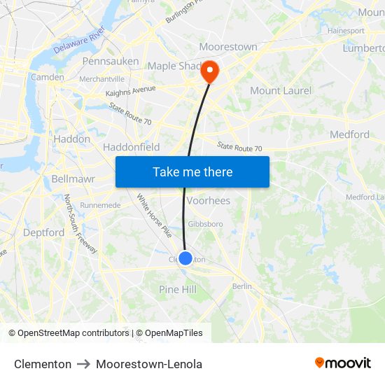 Clementon to Moorestown-Lenola map