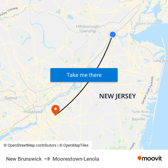 New Brunswick to Moorestown-Lenola map