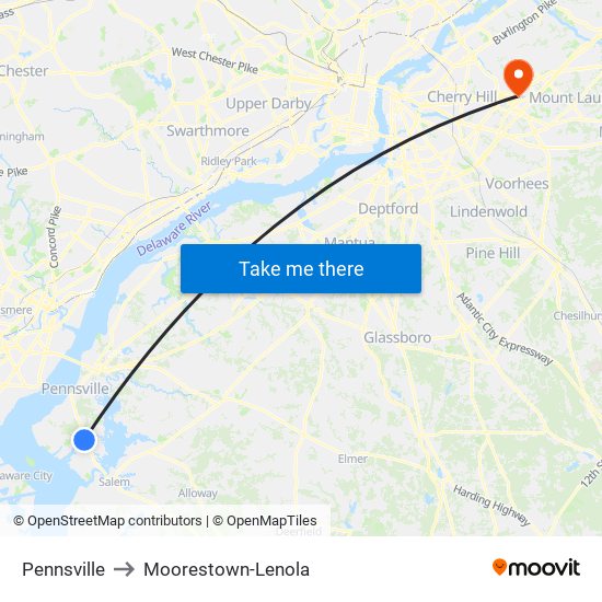 Pennsville to Moorestown-Lenola map