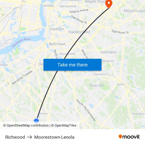 Richwood to Moorestown-Lenola map