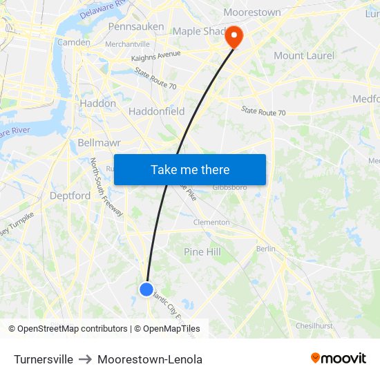 Turnersville to Moorestown-Lenola map