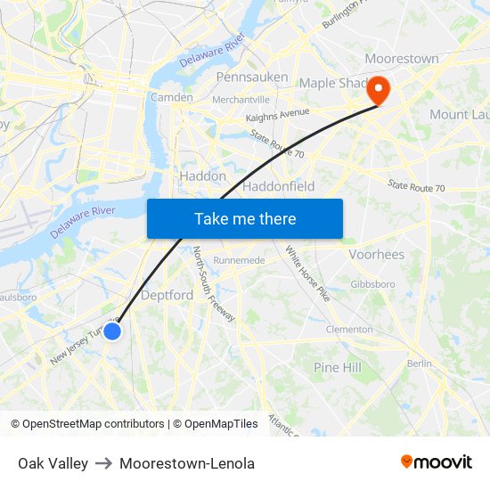 Oak Valley to Moorestown-Lenola map