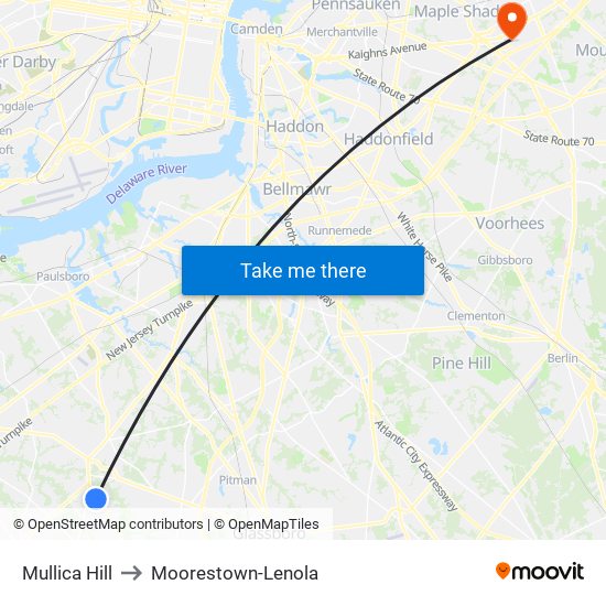 Mullica Hill to Moorestown-Lenola map