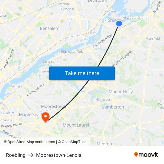 Roebling to Moorestown-Lenola map