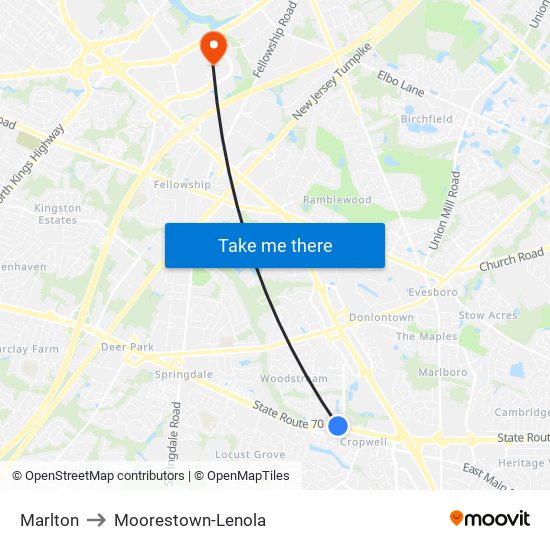 Marlton to Moorestown-Lenola map