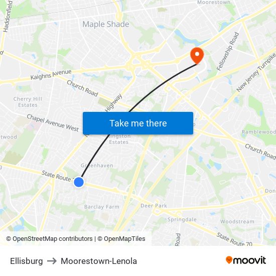 Ellisburg to Moorestown-Lenola map