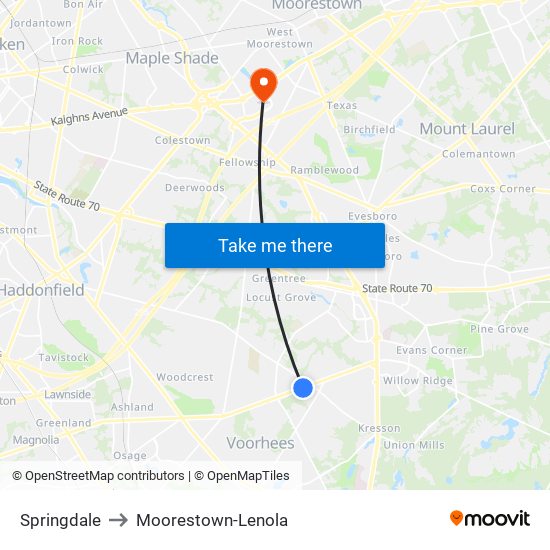 Springdale to Moorestown-Lenola map