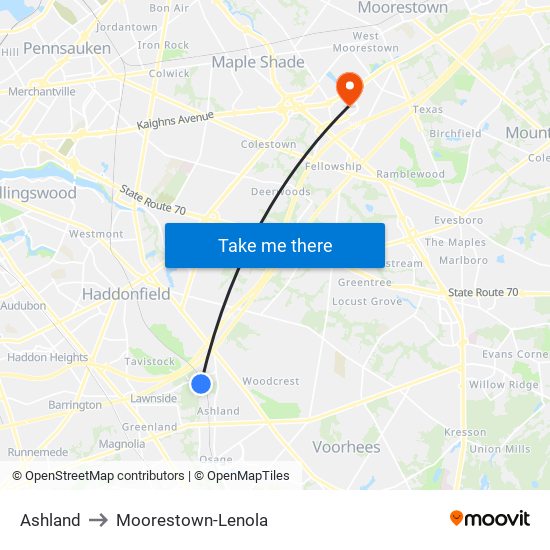 Ashland to Moorestown-Lenola map