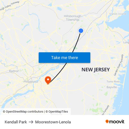 Kendall Park to Moorestown-Lenola map