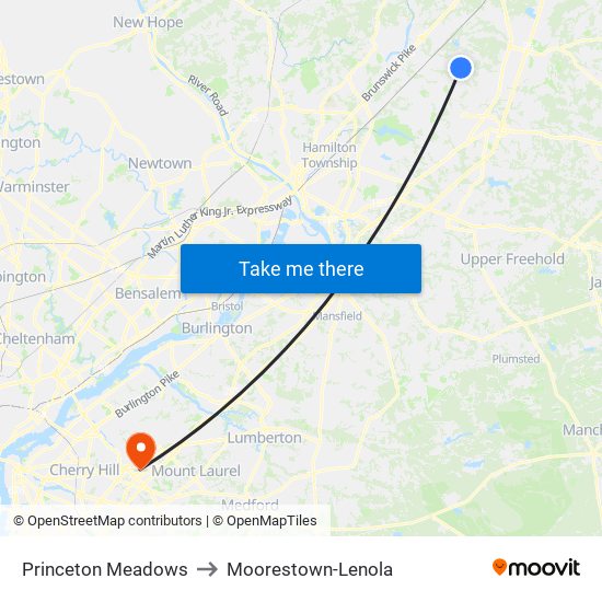 Princeton Meadows to Moorestown-Lenola map