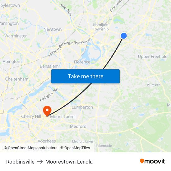 Robbinsville to Moorestown-Lenola map