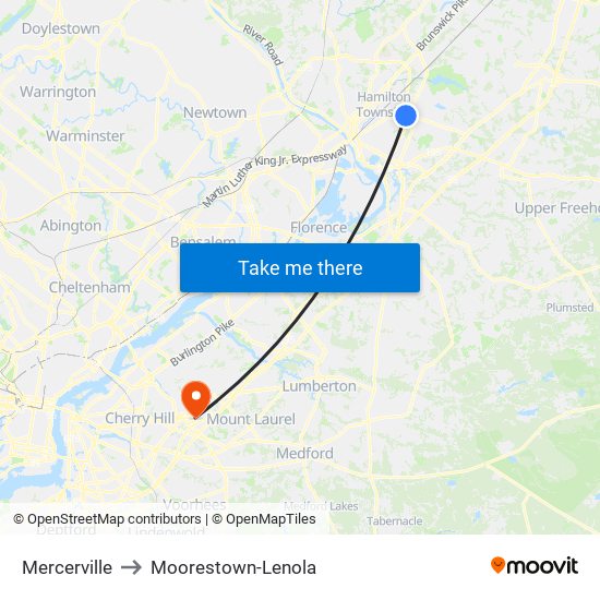 Mercerville to Moorestown-Lenola map