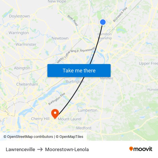 Lawrenceville to Moorestown-Lenola map
