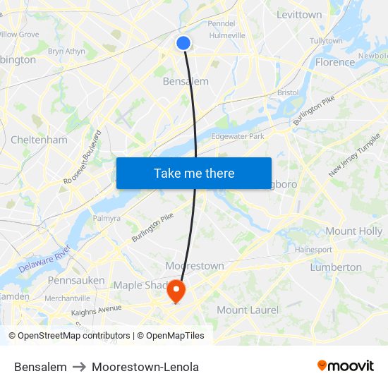 Bensalem to Moorestown-Lenola map