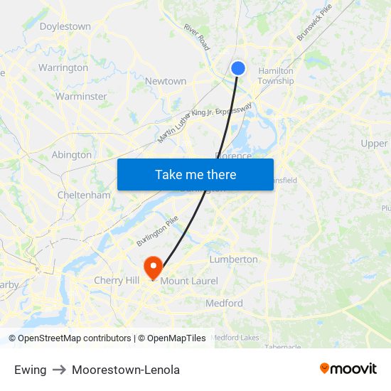 Ewing to Moorestown-Lenola map