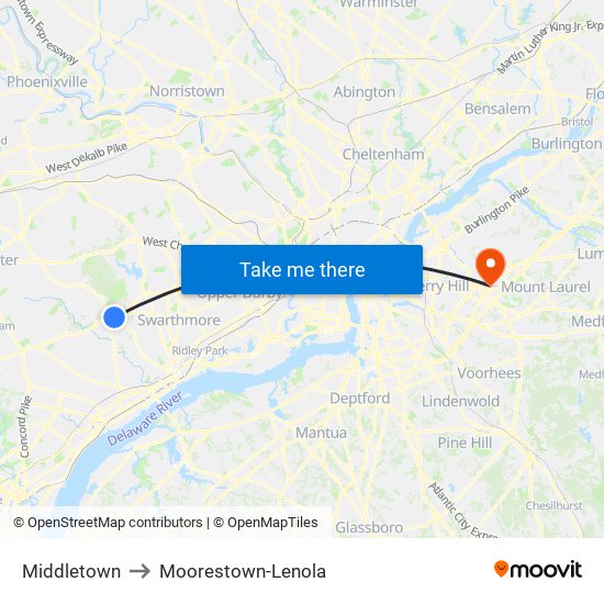 Middletown to Moorestown-Lenola map
