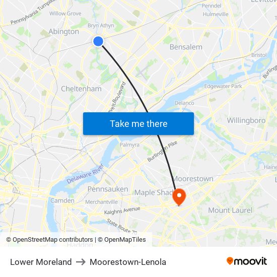 Lower Moreland to Moorestown-Lenola map