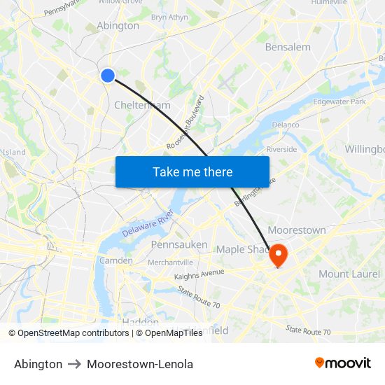 Abington to Moorestown-Lenola map