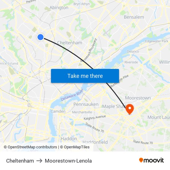 Cheltenham to Moorestown-Lenola map