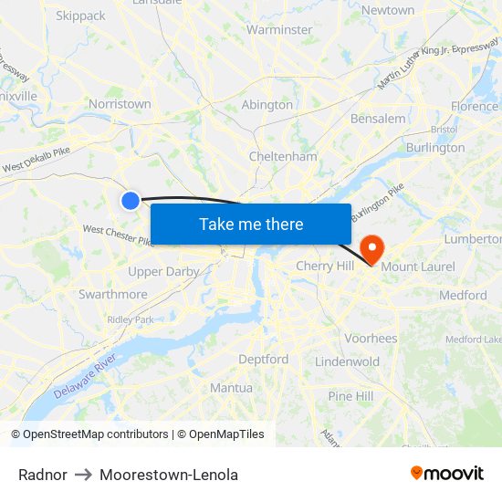Radnor to Moorestown-Lenola map