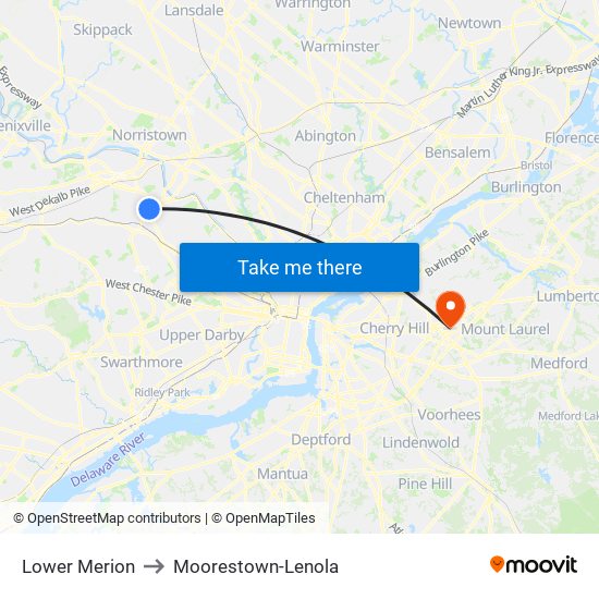 Lower Merion to Moorestown-Lenola map