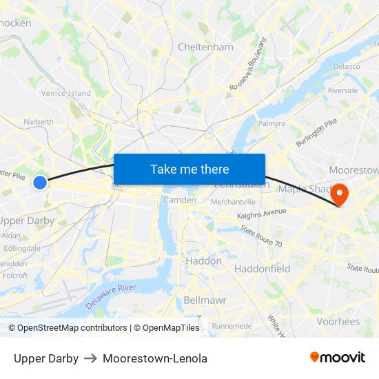 Upper Darby to Moorestown-Lenola map
