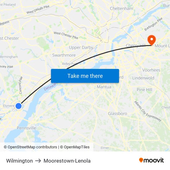 Wilmington to Moorestown-Lenola map